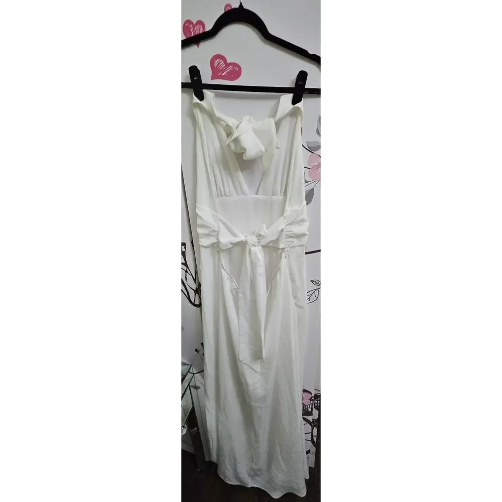 #281 MSRP $50 NWOT GOKATOSAU WHITE HALTER PLUNGING NECK HIGH SLIT MAXI ♡SIZE L♡